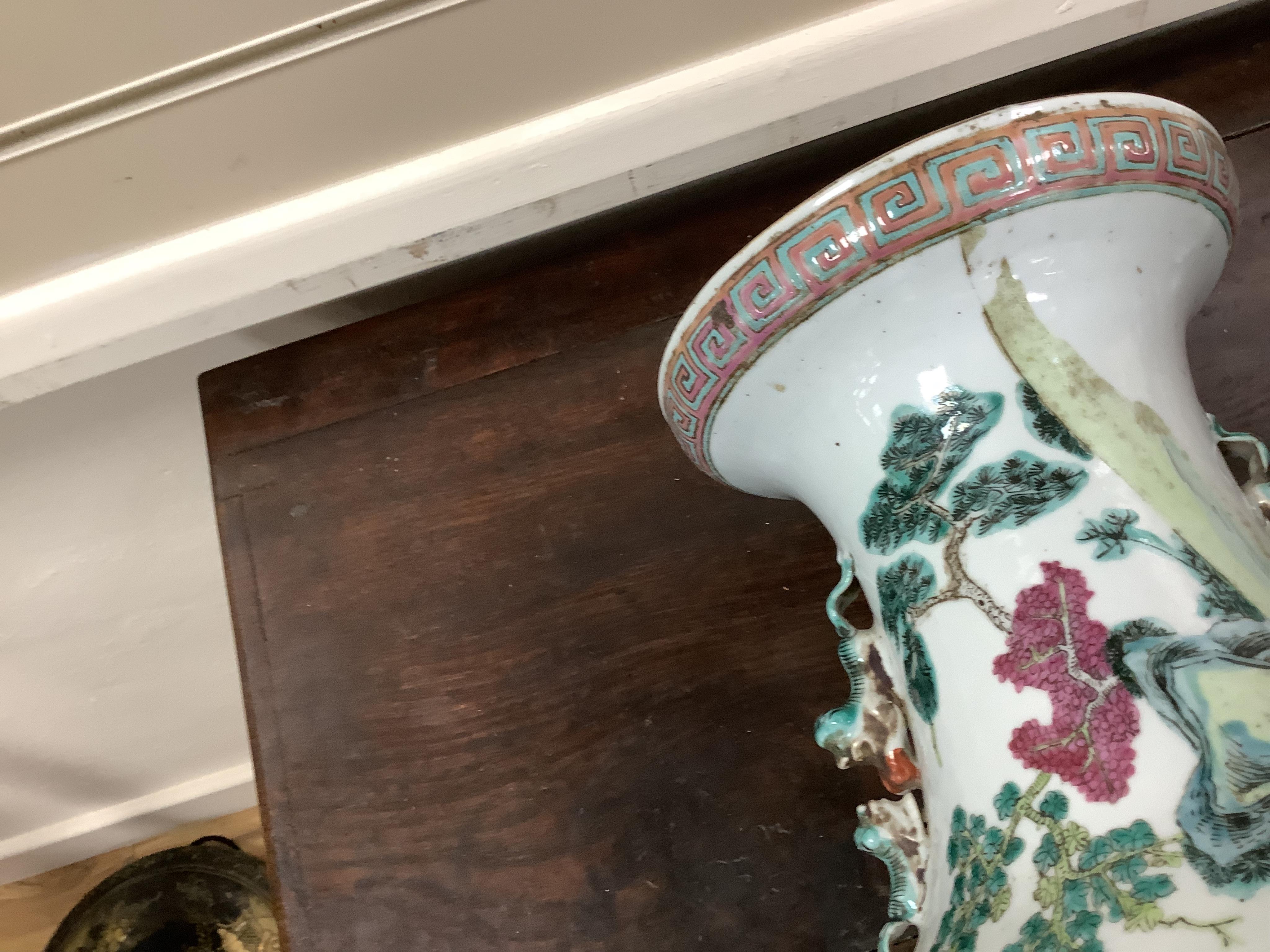 A pair of large late 19th century Chinese famille rose ‘scholars’ vases, 45cm high